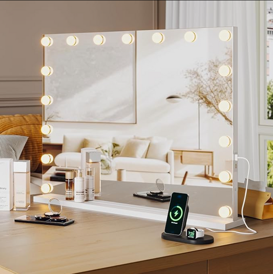 Vanity Mirror with Lights, 32" x 24" Hollywood Vanity Mirror, Makeup Mirror with 17 Led Bulbs, 3 Colors Modes, 3X Detachable Magnification Mirror, Touch Control, USB Charging Port for Tabletop