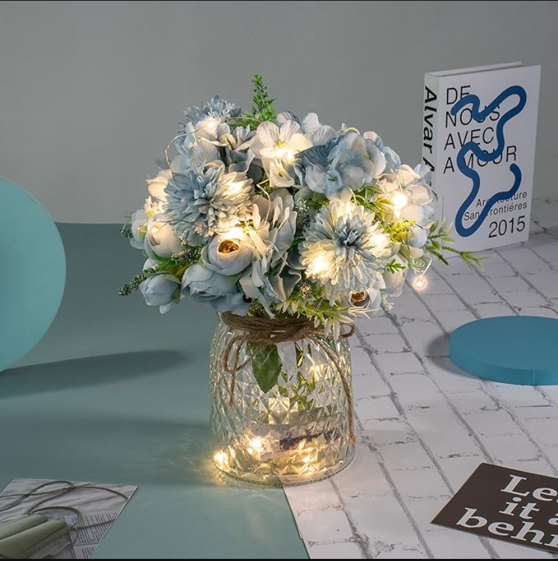 Remote Control Led Light, Artificial LED Blue Rose Flowers with Glass Vase, Remote Control Led Light, Flower Arrangement for Table Centerpiece, Home Office Wedding Decoration