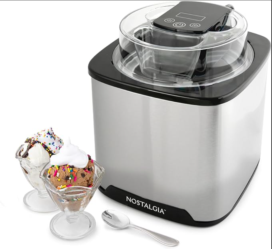 Ice Cream for Homemade Ice-Cream, Nostalgia 2-Quart Digital Electric Ice Cream for Homemade Ice-Cream, No Salt or Ice Required, Overnight Chill Canister, Stainless Steel