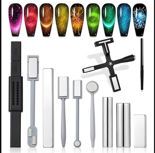 Nail Polish Magnet, Cat Eye Magnetic for Nail: 9 piece Cat Eye Gel Nail Polish Magnet Tools Set Strong Suction Nail Magnet Nails Square Round Magnet Stick Cat Eye Polish Magnet Set 2024 5 in 1 Multi-Function