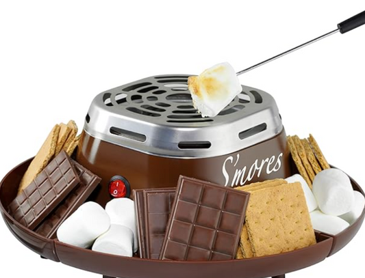 Nostalgia Tabletop Indoor Electric S'mores Maker - Smores Kit With Marshmallow Roasting Sticks and 4 Trays for Graham Crackers, Chocolate, and Marshmallows - Movie Night Supplies - Brown