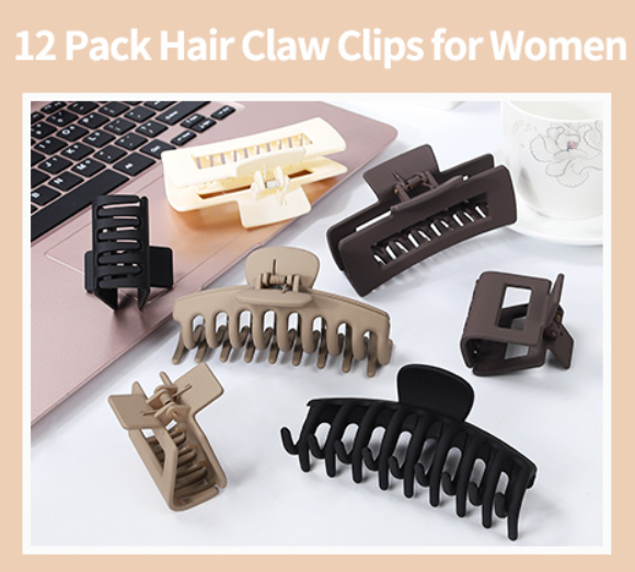 12 Pack Large Claw Clips for Thick Hair, 4inch Rectangle Hair Claw Clips Set, 2inch Small Square Hair Clips for Women, Non-slip Stylish Big Matte Banana Clips