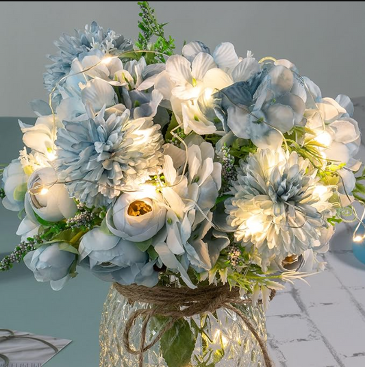 Remote Control Led Light, Artificial LED Blue Rose Flowers with Glass Vase, Remote Control Led Light, Flower Arrangement for Table Centerpiece, Home Office Wedding Decoration