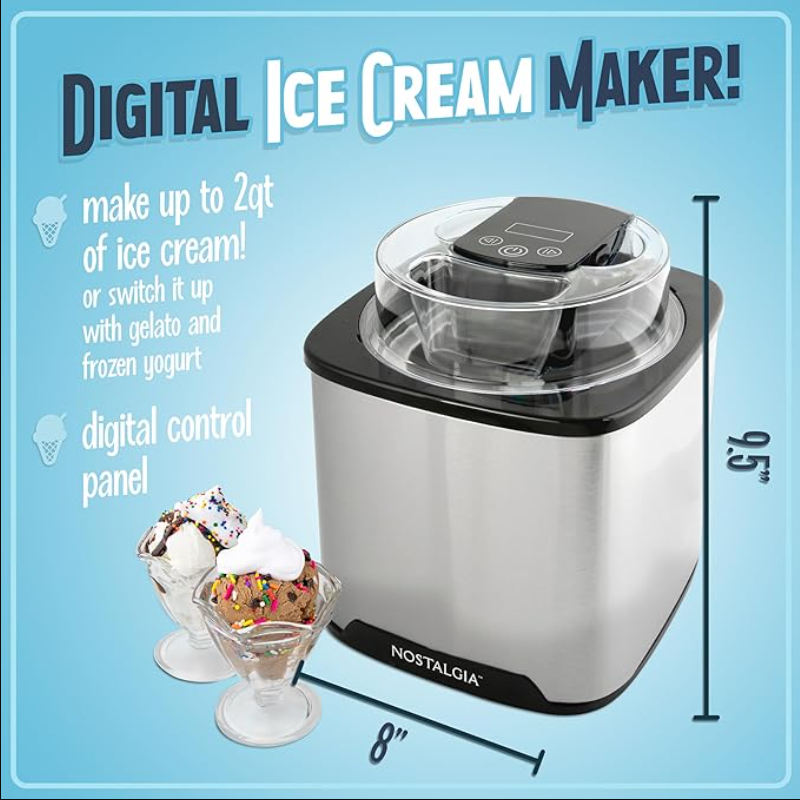 Ice Cream for Homemade Ice-Cream, Nostalgia 2-Quart Digital Electric Ice Cream for Homemade Ice-Cream, No Salt or Ice Required, Overnight Chill Canister, Stainless Steel