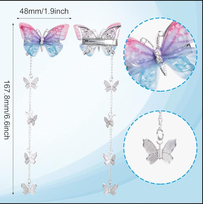 8pcs Butterfly Hair Tassel Clips Cute Alligator Barrettes Valentines Wedding Prom Birthday Hairpin Accessories for Women Girl (Blue Purple Pink)