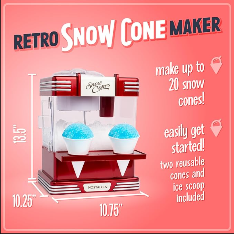 Nostalgia Snow Cone Shaved Ice Machine - Retro Table-Top Slushie Machine Makes 20 Icy Treats - Includes 2 Reusable Plastic Cups & Ice Scoop - Retro Red