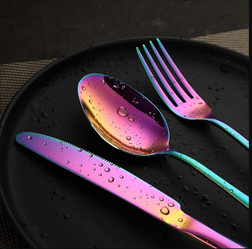 Rainbow Flatware Cutlery Silverware Set 20 Pieces, Stainless Steel Colourful Utensils, Tableware Set Service for 4, Include Knife/Fork/Spoon, Reusable, Mirror Polished, Dishwasher Safe