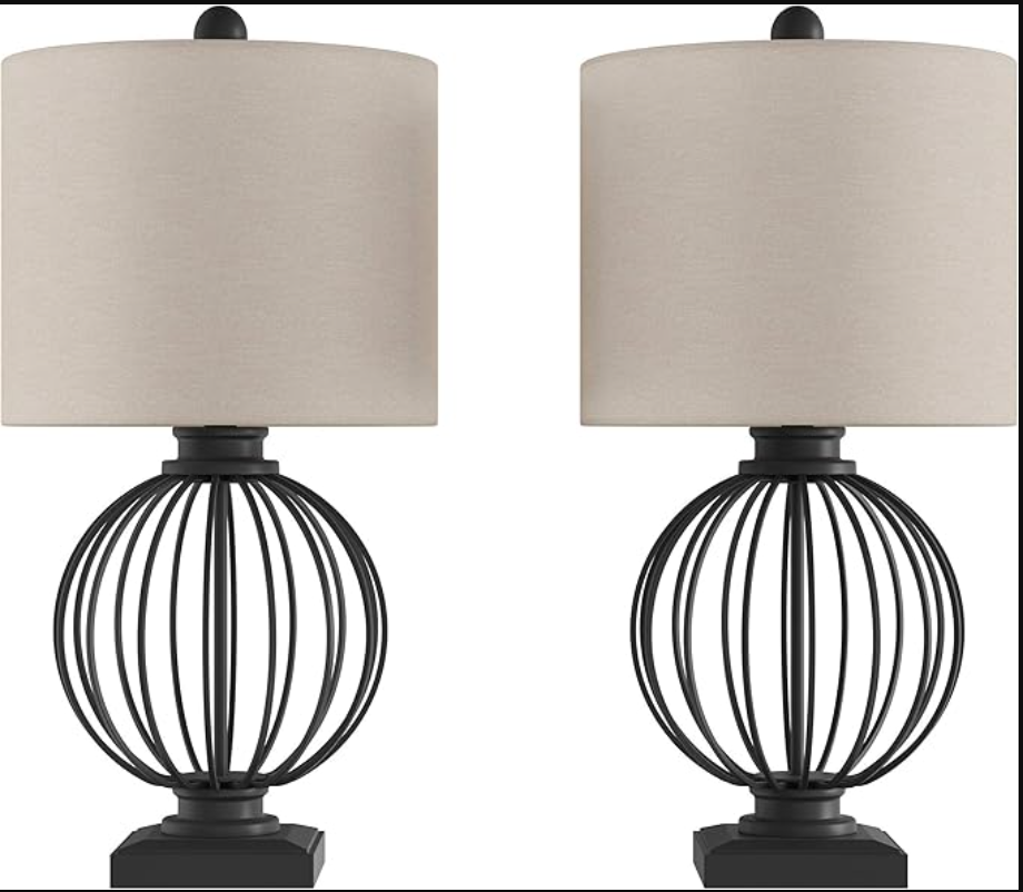 Table Lamp, Home Modern Table Lamps - Set of 2 Wrought Iron Open Cage Lights with LED Bulbs - Rustic Farmhouse Style for Living Room or Bedroom (Black)