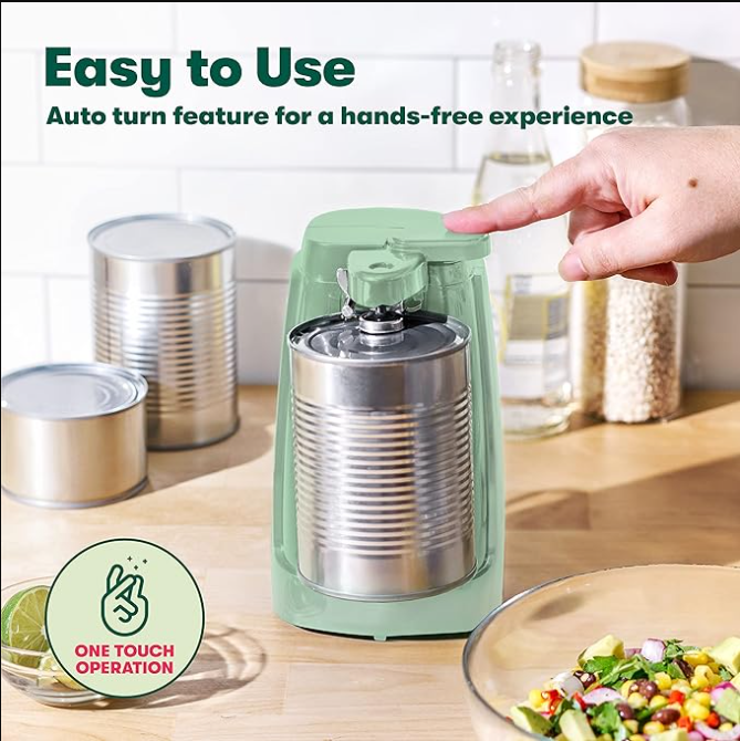 Electric Can Opener and Knife Sharpener, Multifunctional Jar and Bottle Opener with Removable Cutting Lever and Cord Storage, Stainless Steel Blade, Sage