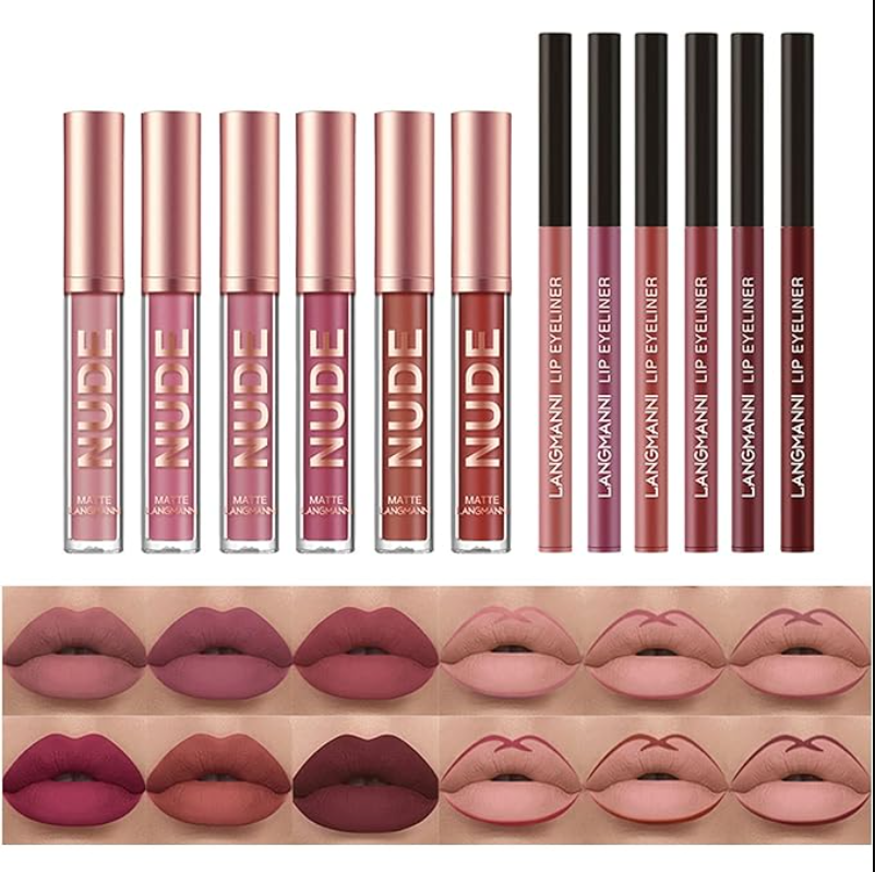 12Pcs Matte Liquid Lipstick + Lip Liner Pens Set, One Step Lips Makeup Kits Pigment Velvety Nude Lip Stain Waterproof Long Wear Lip Gloss Make up Gift Set