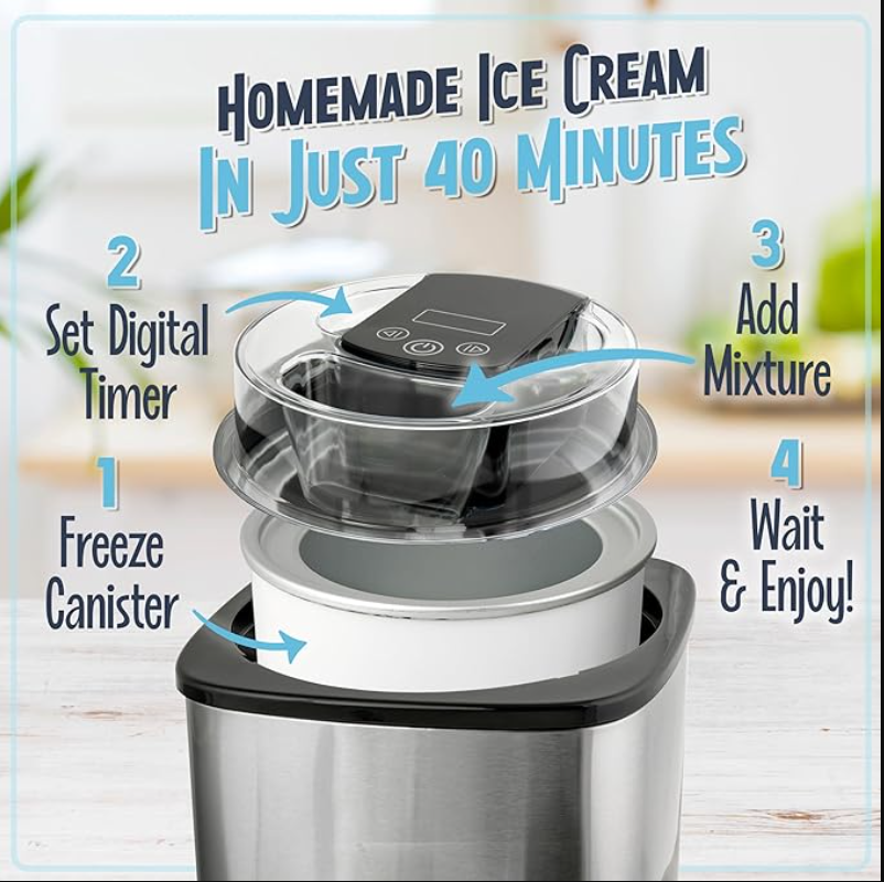 Ice Cream for Homemade Ice-Cream, Nostalgia 2-Quart Digital Electric Ice Cream for Homemade Ice-Cream, No Salt or Ice Required, Overnight Chill Canister, Stainless Steel