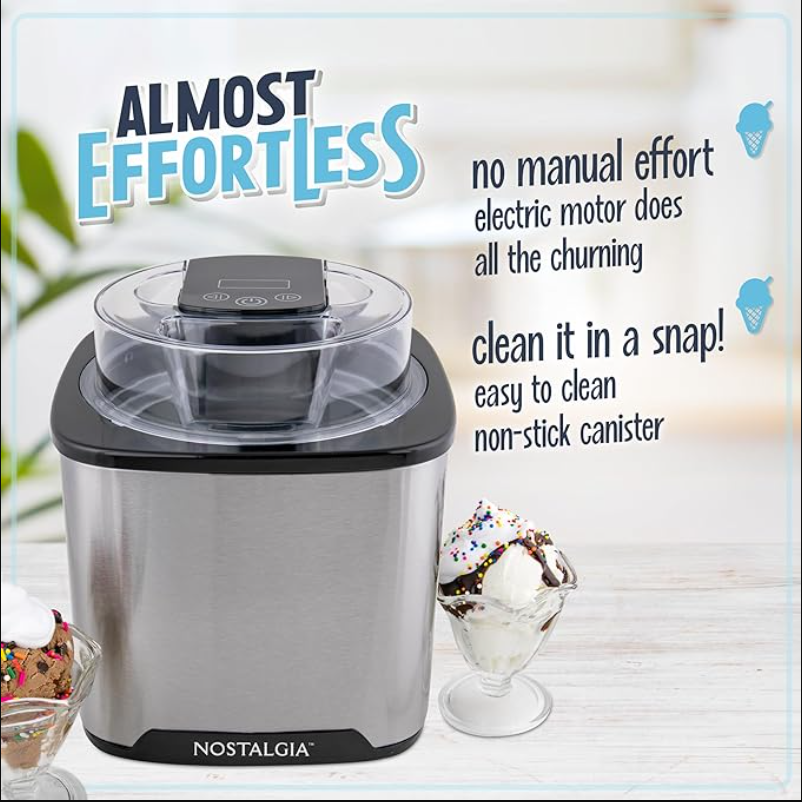 Ice Cream for Homemade Ice-Cream, Nostalgia 2-Quart Digital Electric Ice Cream for Homemade Ice-Cream, No Salt or Ice Required, Overnight Chill Canister, Stainless Steel