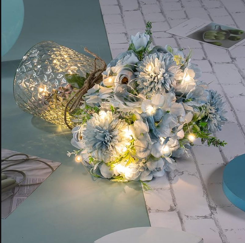 Remote Control Led Light, Artificial LED Blue Rose Flowers with Glass Vase, Remote Control Led Light, Flower Arrangement for Table Centerpiece, Home Office Wedding Decoration