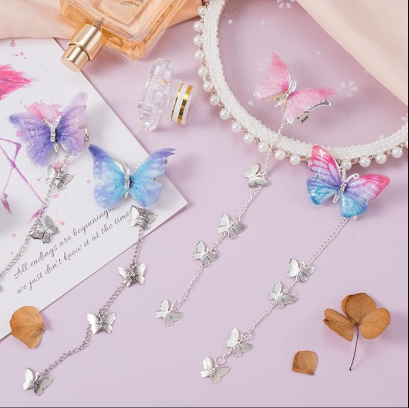 8pcs Butterfly Hair Tassel Clips Cute Alligator Barrettes Valentines Wedding Prom Birthday Hairpin Accessories for Women Girl (Blue Purple Pink)