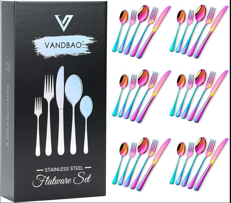 Rainbow Flatware Cutlery Silverware Set 20 Pieces, Stainless Steel Colourful Utensils, Tableware Set Service for 4, Include Knife/Fork/Spoon, Reusable, Mirror Polished, Dishwasher Safe