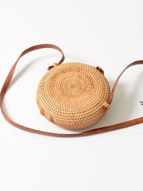 Round Crossbody Shoulder Bag for Ladies Rattan Handmade Knitted Small  Purse