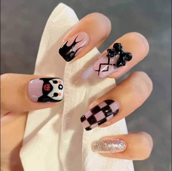 Fake nails set length bridal coffin sauqre short press on nails, Fake nails Press on cute unicorn artificial nails pre-glued for girls