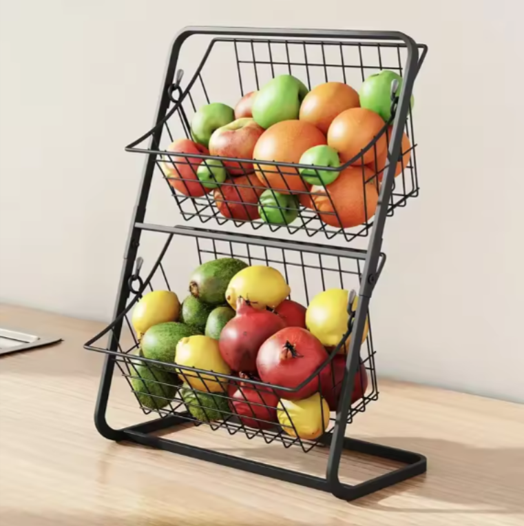 Modern 2-Tier Black Wire Basket Organizer Versatile Metal Countertop Storage for Fruit Spices Home Essentials