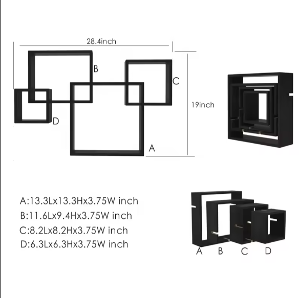 Modern Wood hanging Decor Home Accessories Organizer 4 Square cube Intersecting Wall Mounted Floating Storage Shelf Wall Shelf