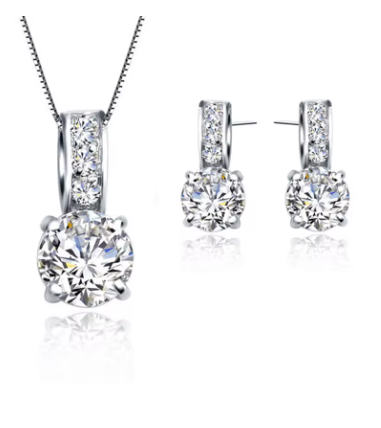 925 Sterling Silver Color Bridal Jewelry Set Classic Cubic Zircon Crystal Pendant Necklace Stud Earrings for Women Girls Gift