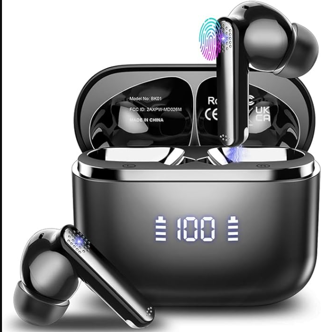 Wireless Earbuds, Bluetooth 5.3 Headphones Stereo Bass with Noise Cancelling Mic, 48 Hrs Playtime in Ear Ear Buds with LED Power Display Ch Waterproof Earphones