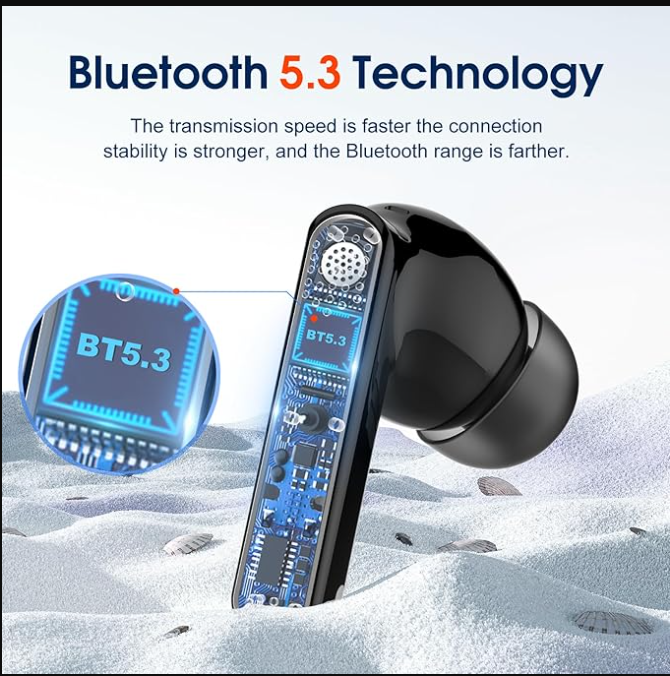 Wireless Earbuds, Bluetooth 5.3 Headphones Stereo Bass with Noise Cancelling Mic, 48 Hrs Playtime in Ear Ear Buds with LED Power Display Ch Waterproof Earphones