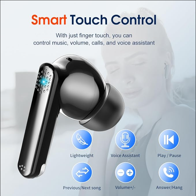 Wireless Earbuds, Bluetooth 5.3 Headphones Stereo Bass with Noise Cancelling Mic, 48 Hrs Playtime in Ear Ear Buds with LED Power Display Ch Waterproof Earphones