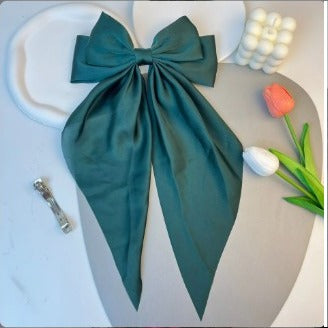 Wholesale Hot Selling Big Bow Spring Hair Clips Plain Color Stain Fabric Long Ribbon Hair Bows Accessories For Women